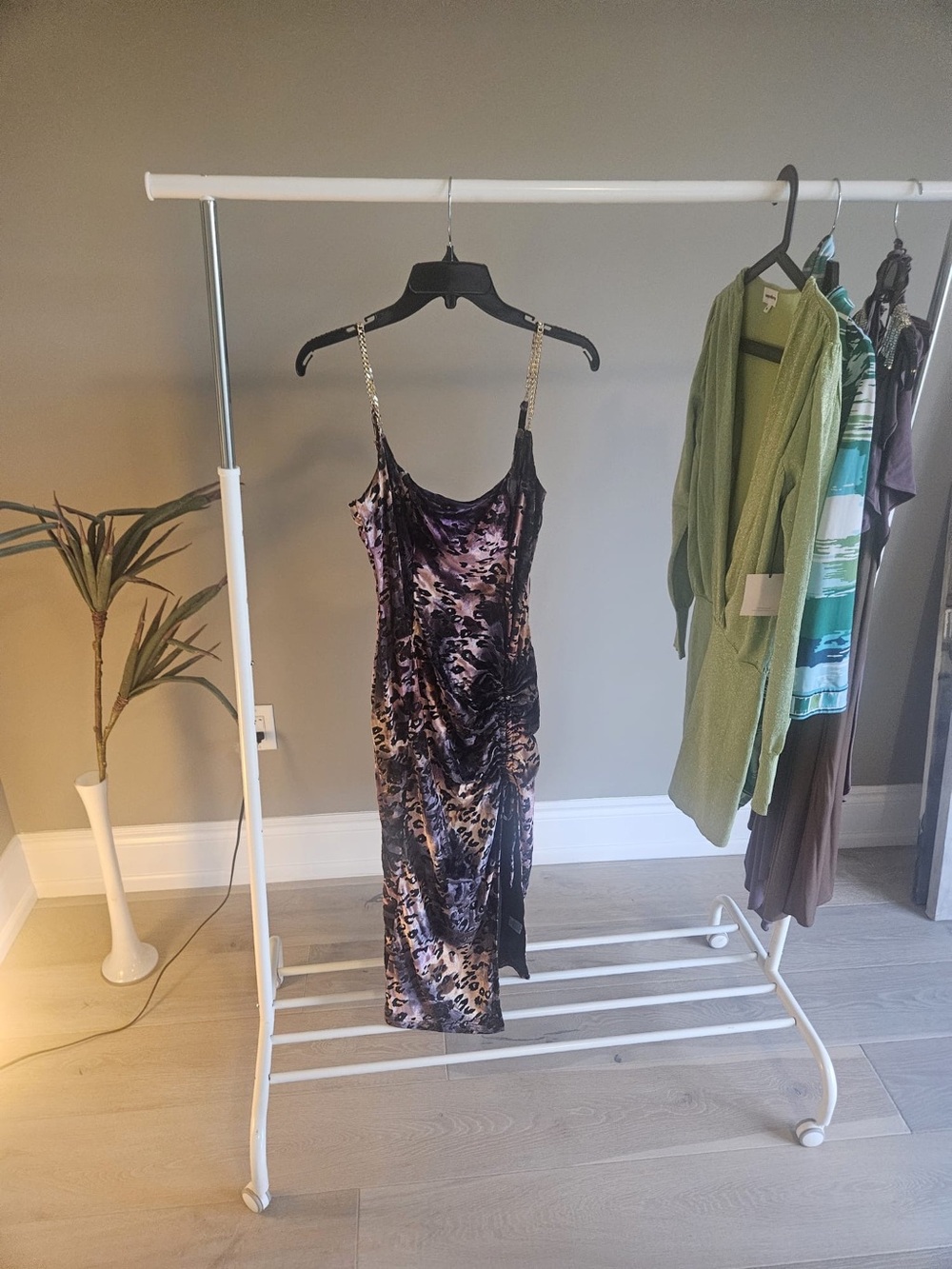 Velvet Slip Dress with Chain Straps - Purple Animal Print
